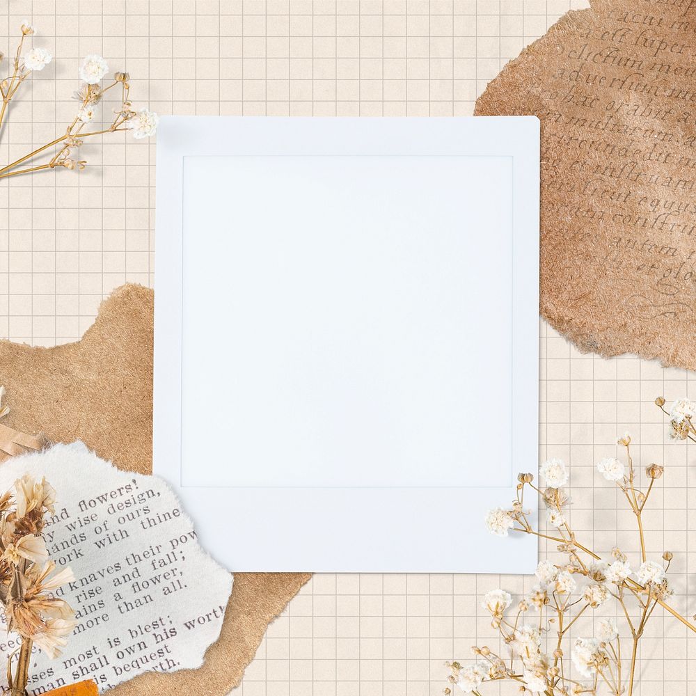 Brown aesthetic instant photo frame, dried flower design 