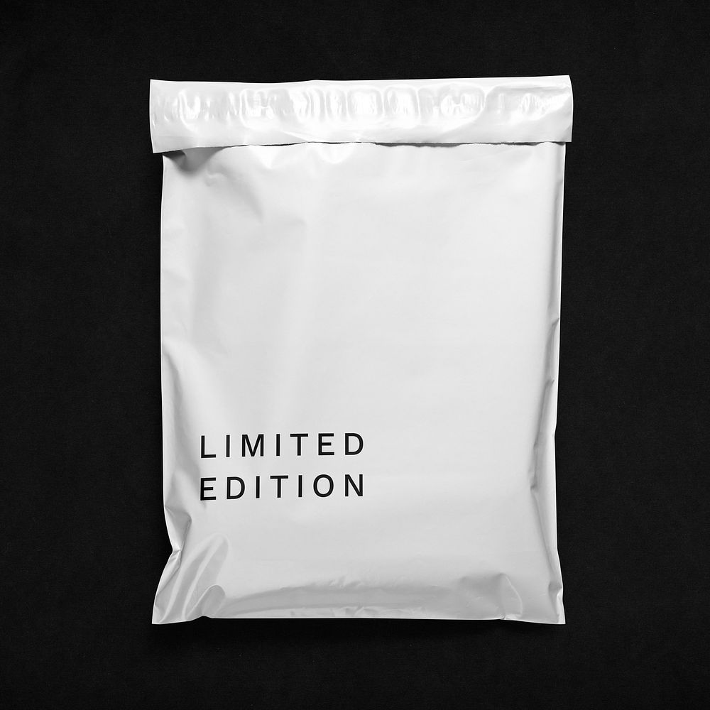White mailer bag, limited edition text, shipping packaging design