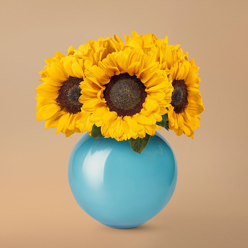 Sunflowers in blue vase, flower arrangement, home decor