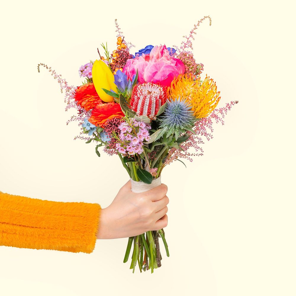 Colorful flower bouquet, held by woman
