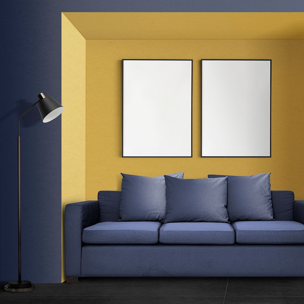 Blank frames over sofa in living room, modern home interior design