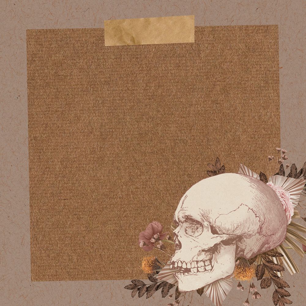 Aesthetic skull paper note background, floral beige design psd