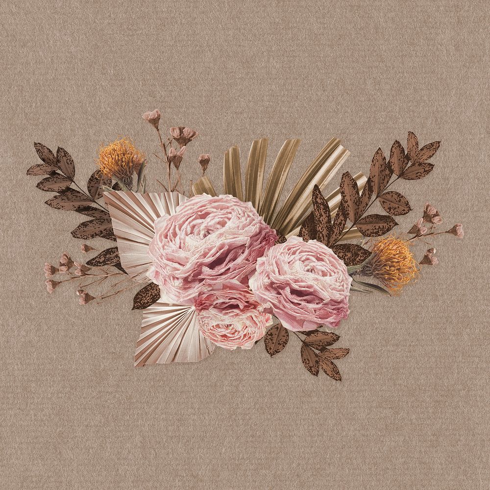 Pink & gold flower bouquet mixed media collage element psd