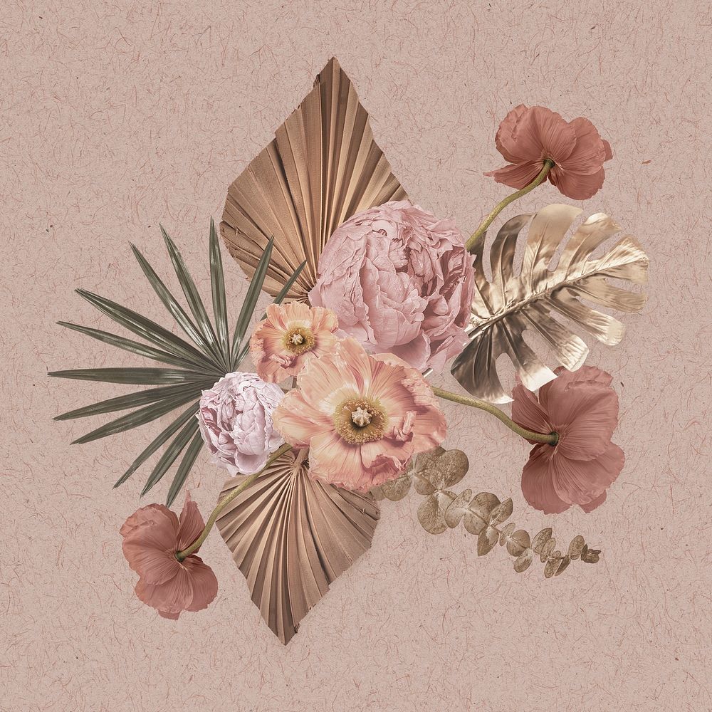 Pink & gold flower bouquet mixed media collage element psd