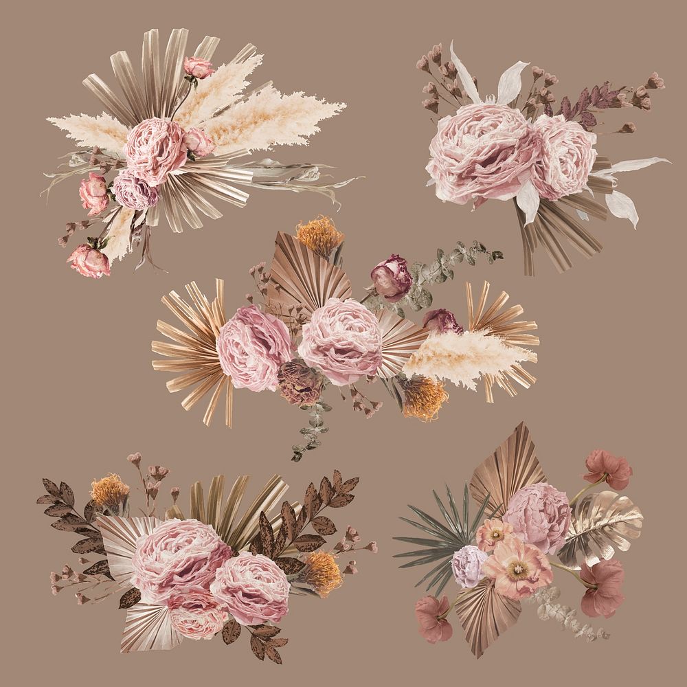 Aesthetic pink flower bouquet mixed media collage element set vector