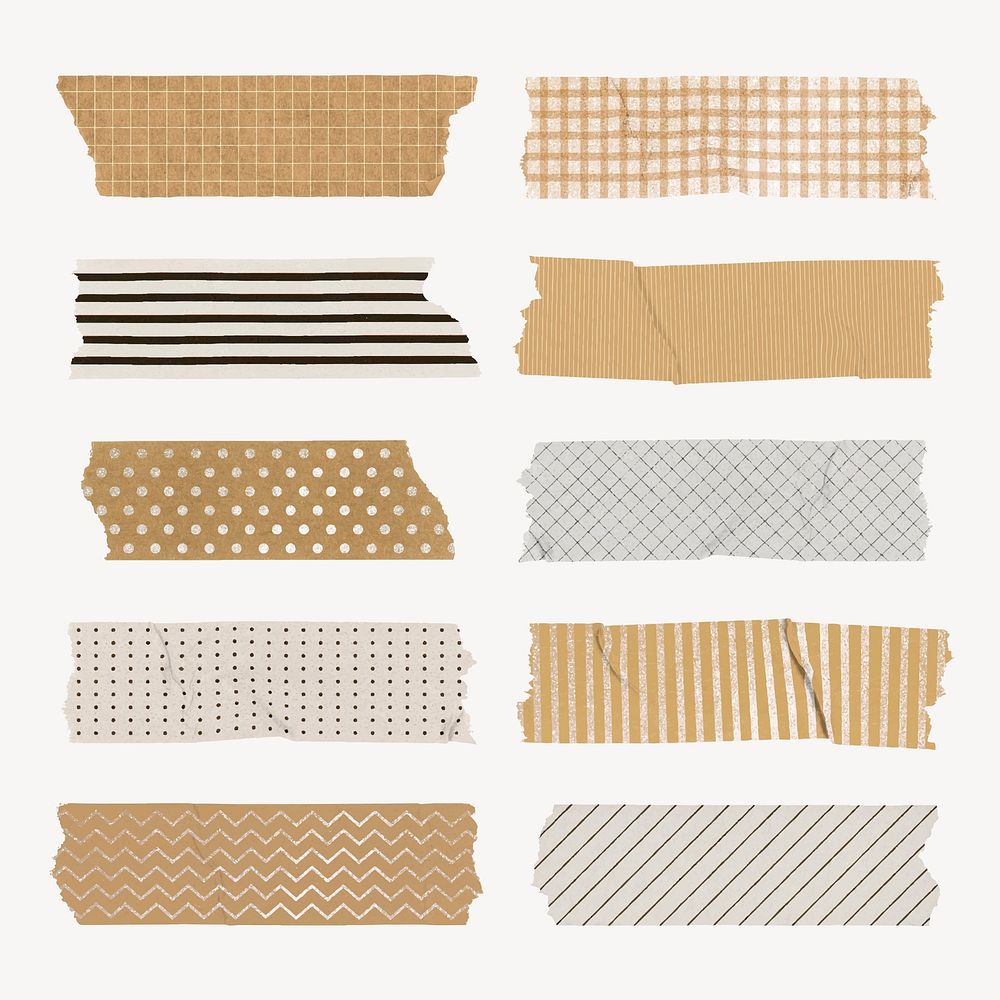 Brown pattern washi tape clipart, cute digital decorative stickers vector set
