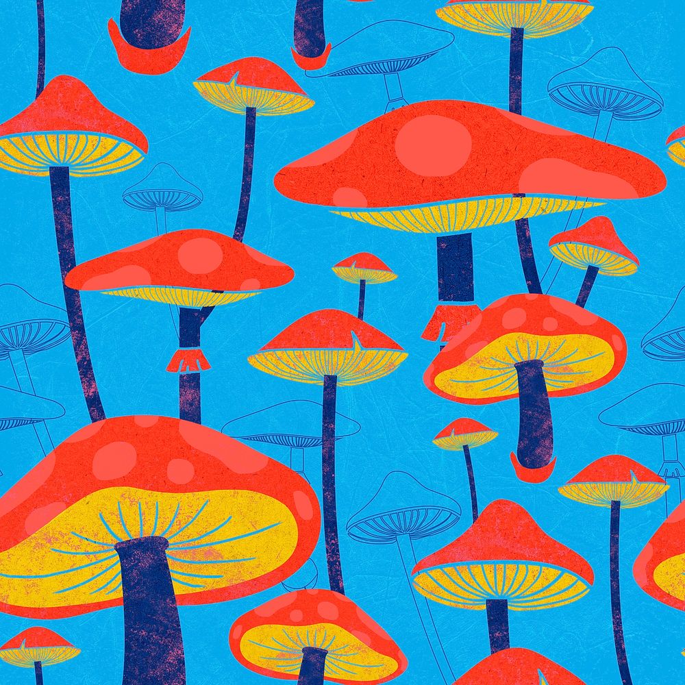 Mushroom psychedelic background, blue cottagecore pattern