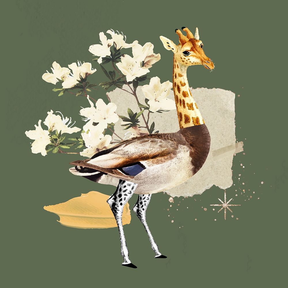 Retro giraffe illustration digital note, surreal hybrid animal scrapbook collage art element vector