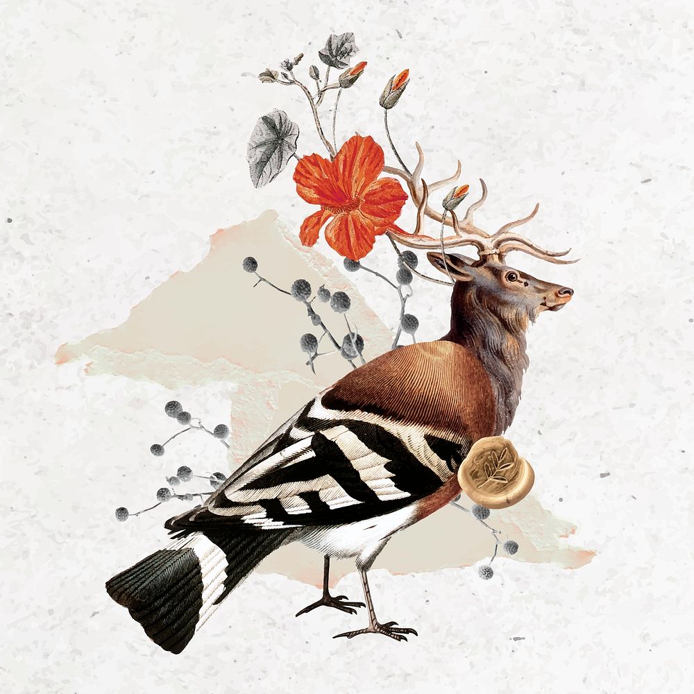 Deer and bird illustration, animal collage scrapbook mixed media artwork vector