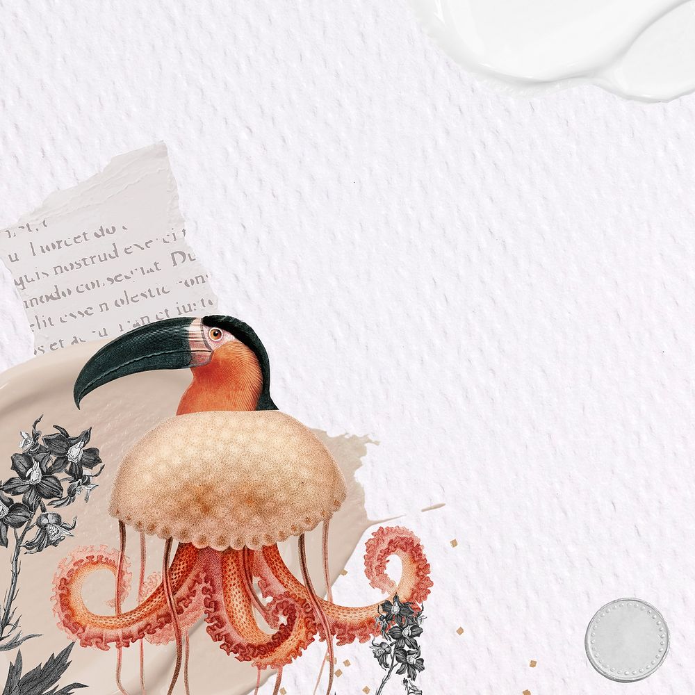Retro toucan bird illustration digital note, surreal hybrid animal scrapbook collage art element