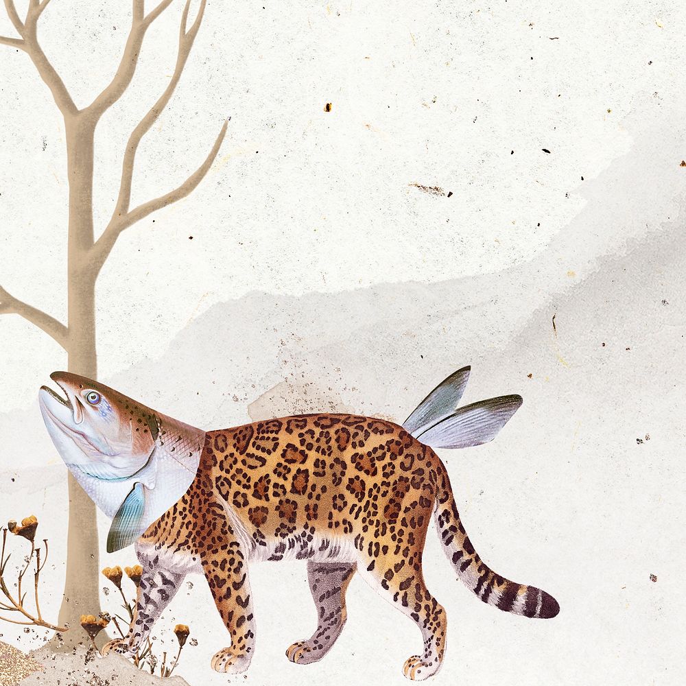Leopard illustration, animal collage scrapbook mixed media artwork