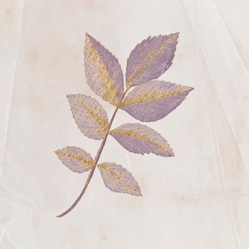 Aesthetic purple leaf clipart, gold glitter decoration design vector