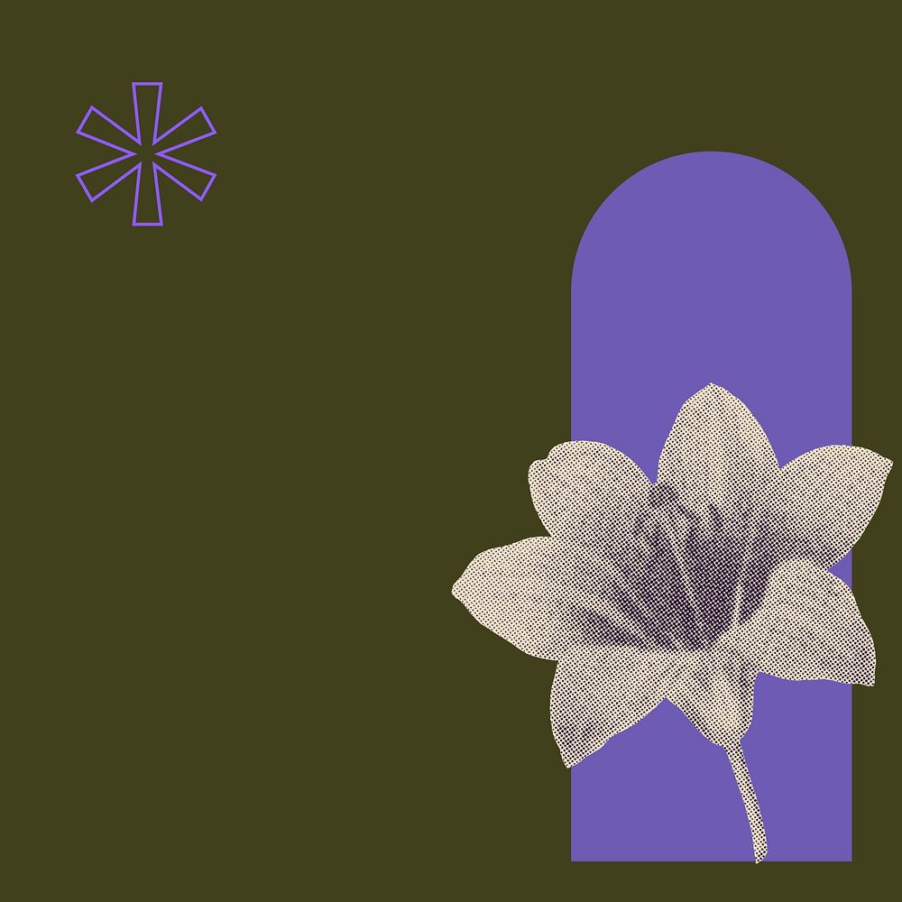 Halftone wood lily background, minimal purple & green retro remix design