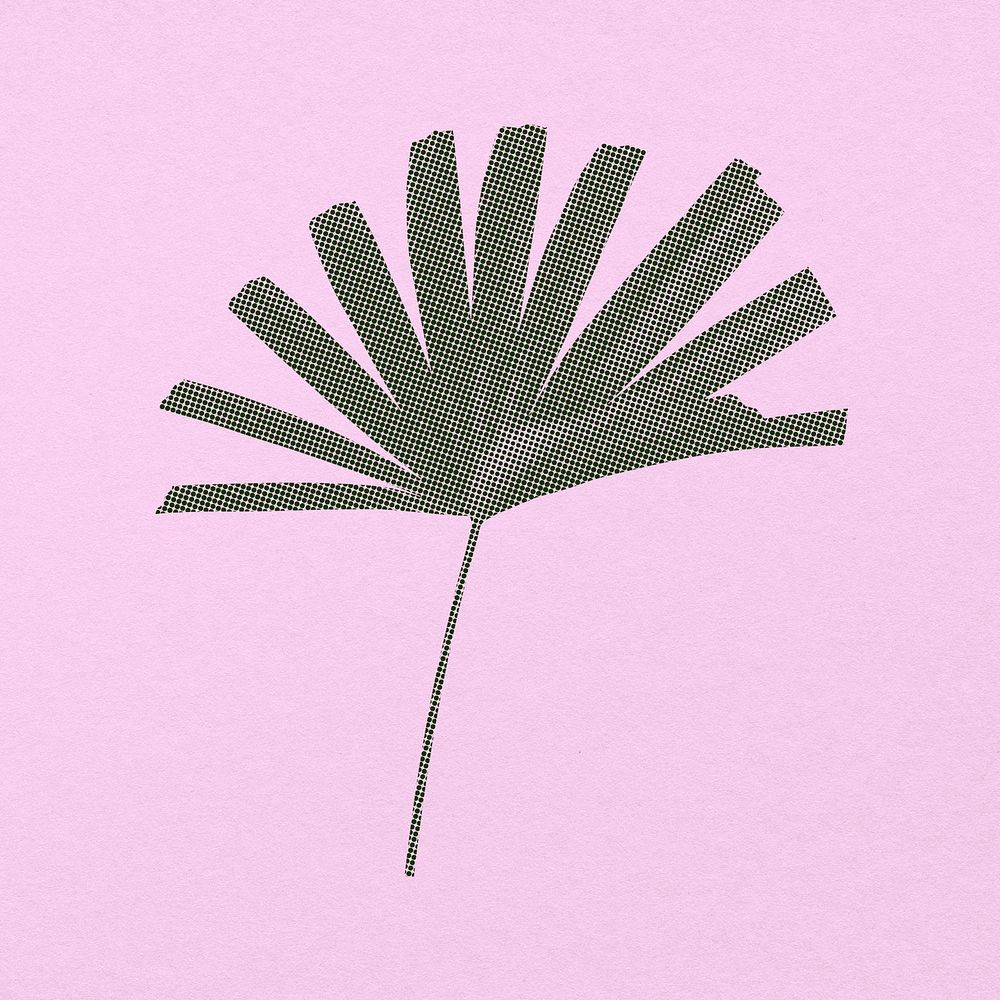 Tropical fan palm leaf, retro halftone aesthetic, pink collage element sticker psd