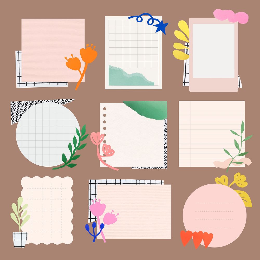 Stationery memo pad cliparts, botanical collage element for diary set vector