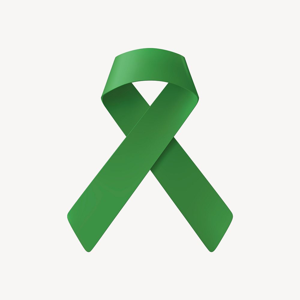 Green ribbon 3D clipart, liver cancer awareness vector