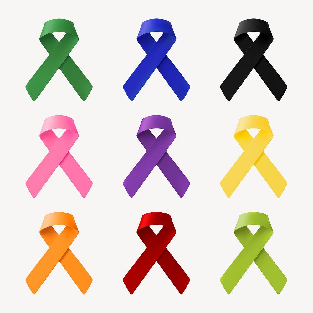 Cancer awareness ribbons clipart, 3D health & wellness graphic vector set