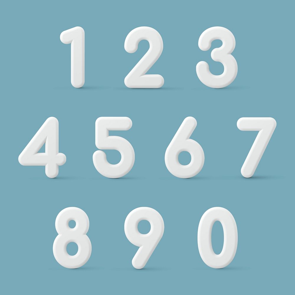 3D rendering numbers sticker, white font set psd