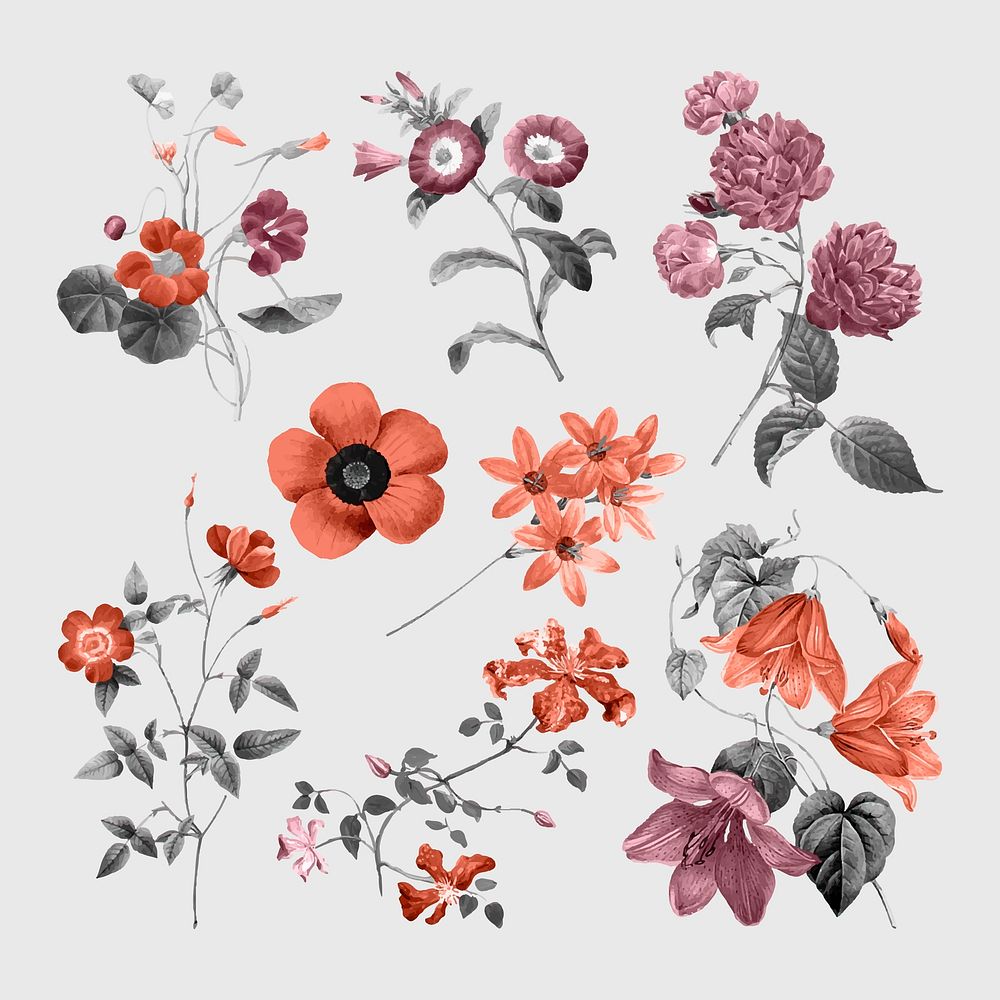 Vintage flowers stickers, grayscale red botanical design set vector, remixed from original artworks by Pierre Joseph Redouté