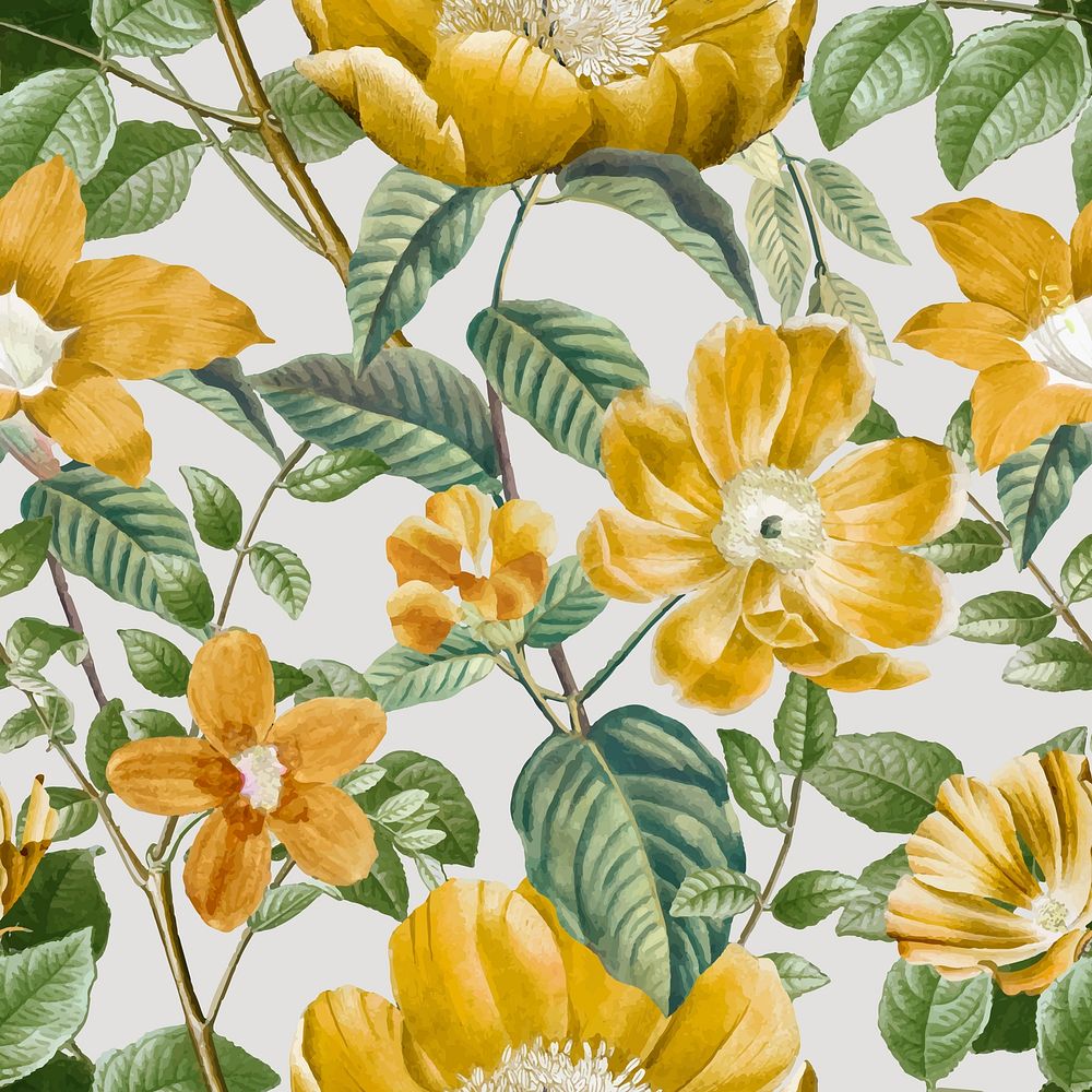 Flower seamless pattern, yellow botanical background vector, remixed from original artworks by Pierre Joseph Redouté