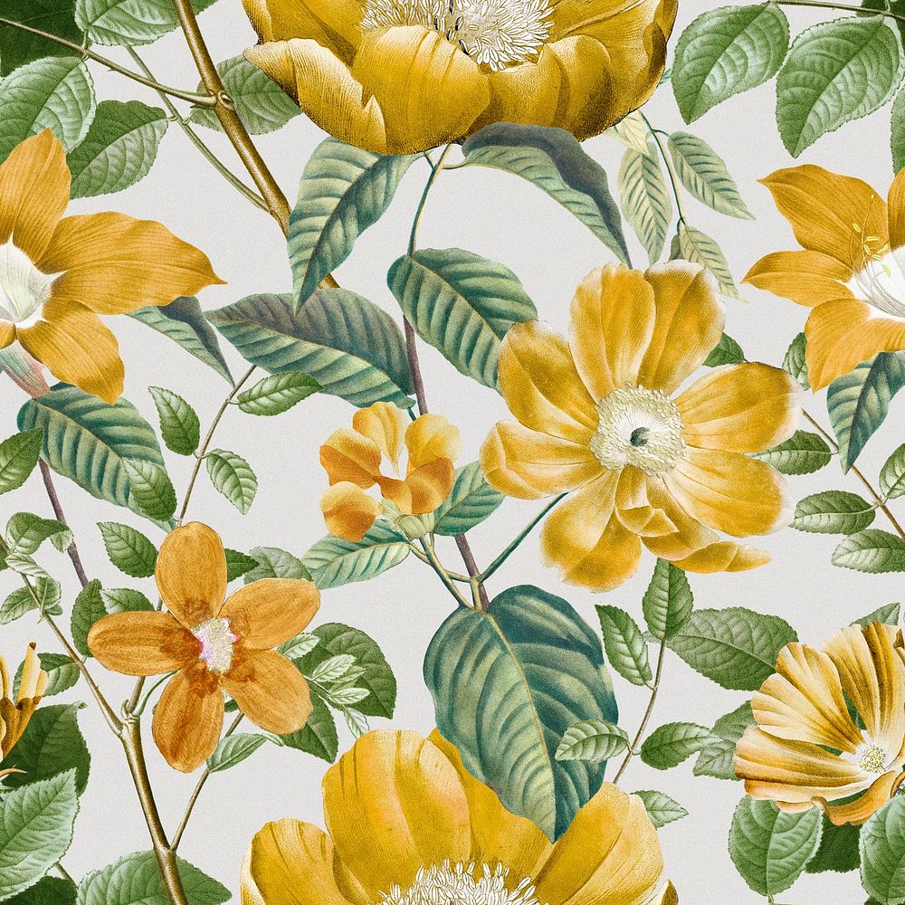 Flower seamless pattern, yellow botanical background, remixed from original artworks by Pierre Joseph Redout&eacute;