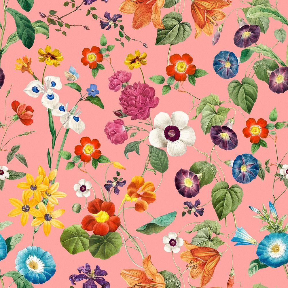 Pink floral seamless pattern, botanical background, remixed from original artworks by Pierre Joseph Redout&eacute;