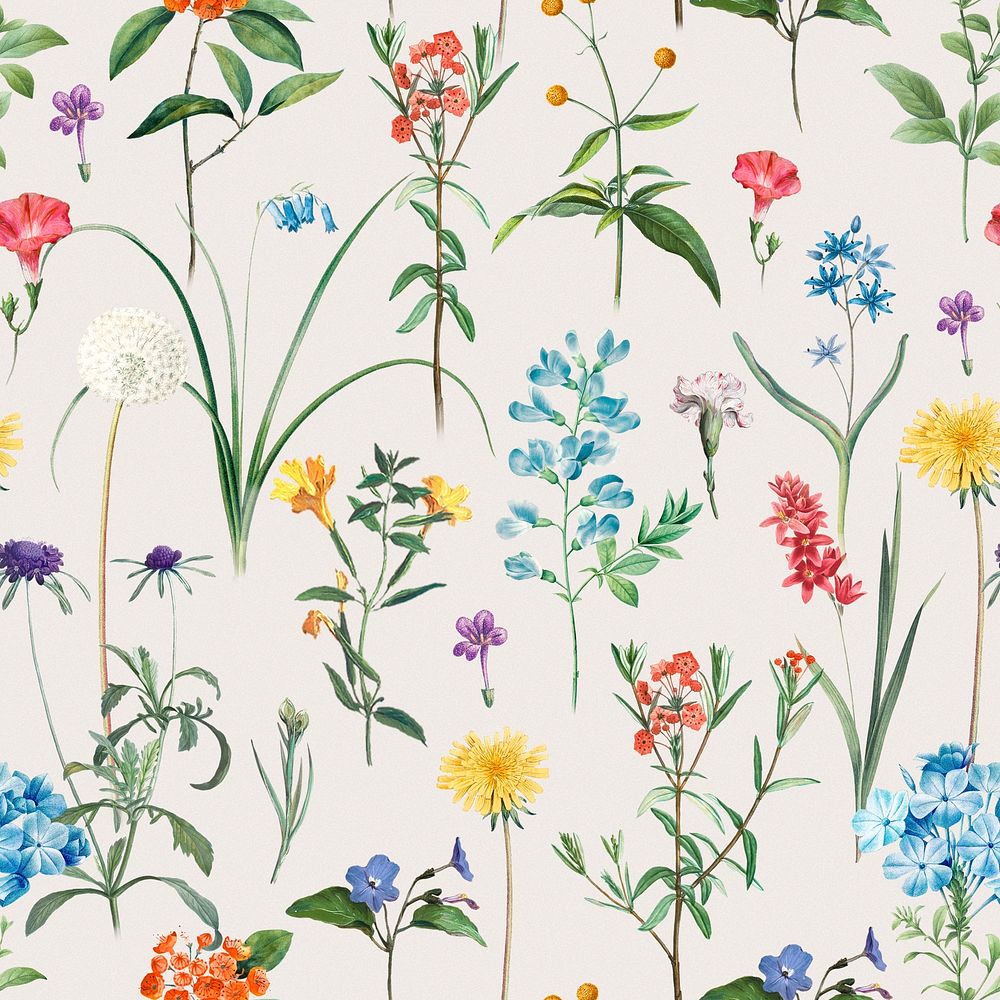 Vintage floral seamless pattern, botanical background, remixed from original artworks by Pierre Joseph Redout&eacute;