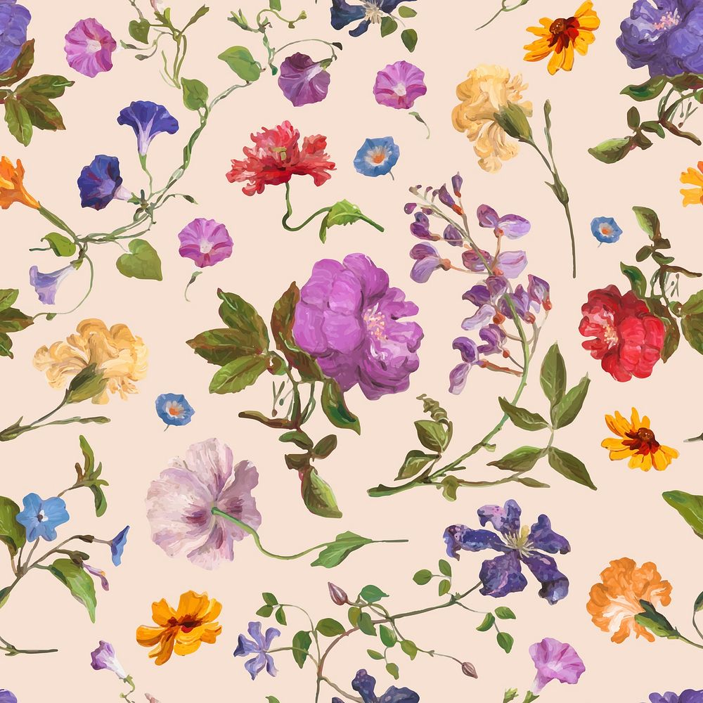 Colorful flower seamless pattern, botanical background vector, remixed from original artworks by Pierre Joseph Redout&eacute;