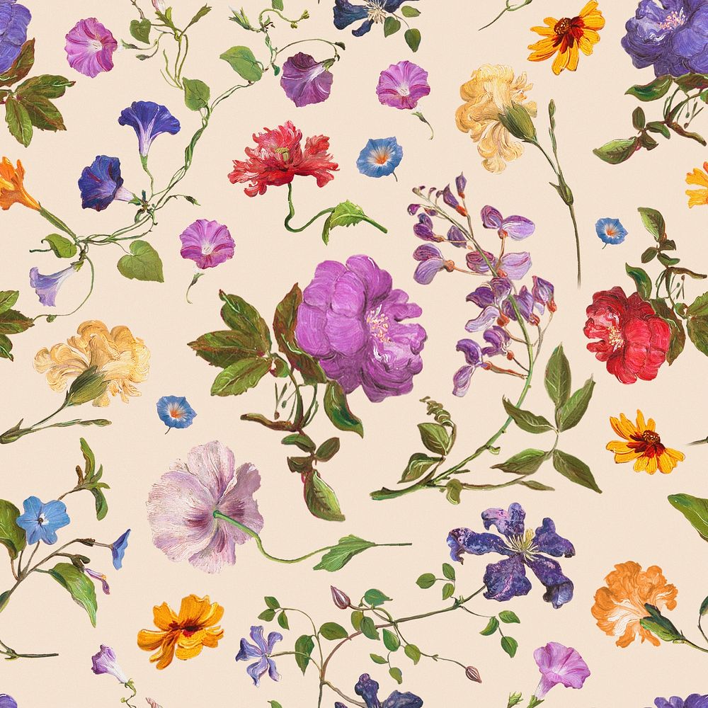 Colorful flower seamless pattern, botanical background, remixed from original artworks by Pierre Joseph Redout&eacute;