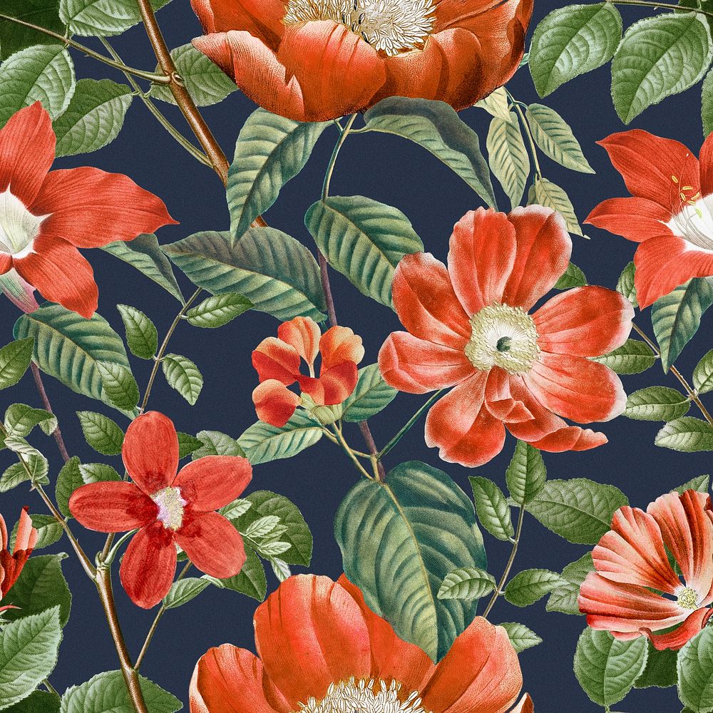 Red flower seamless pattern, botanical background, remixed from original artworks by Pierre Joseph Redout&eacute;