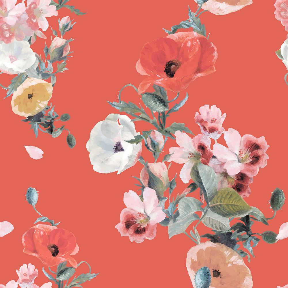 Red botanical pattern background, natural design vector, remixed from original artworks by Pierre Joseph Redout&eacute;