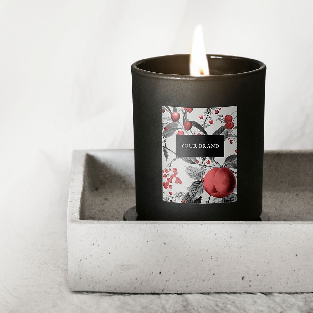 Scented candle mockup, botanical label, black design psd, remix from the artworks of Pierre Joseph Redout&eacute;
