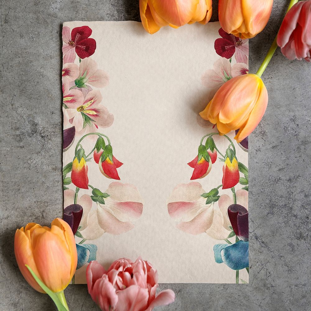 Flower card flat lay design, feminine style, remix from the artworks of Pierre Joseph Redout&eacute;