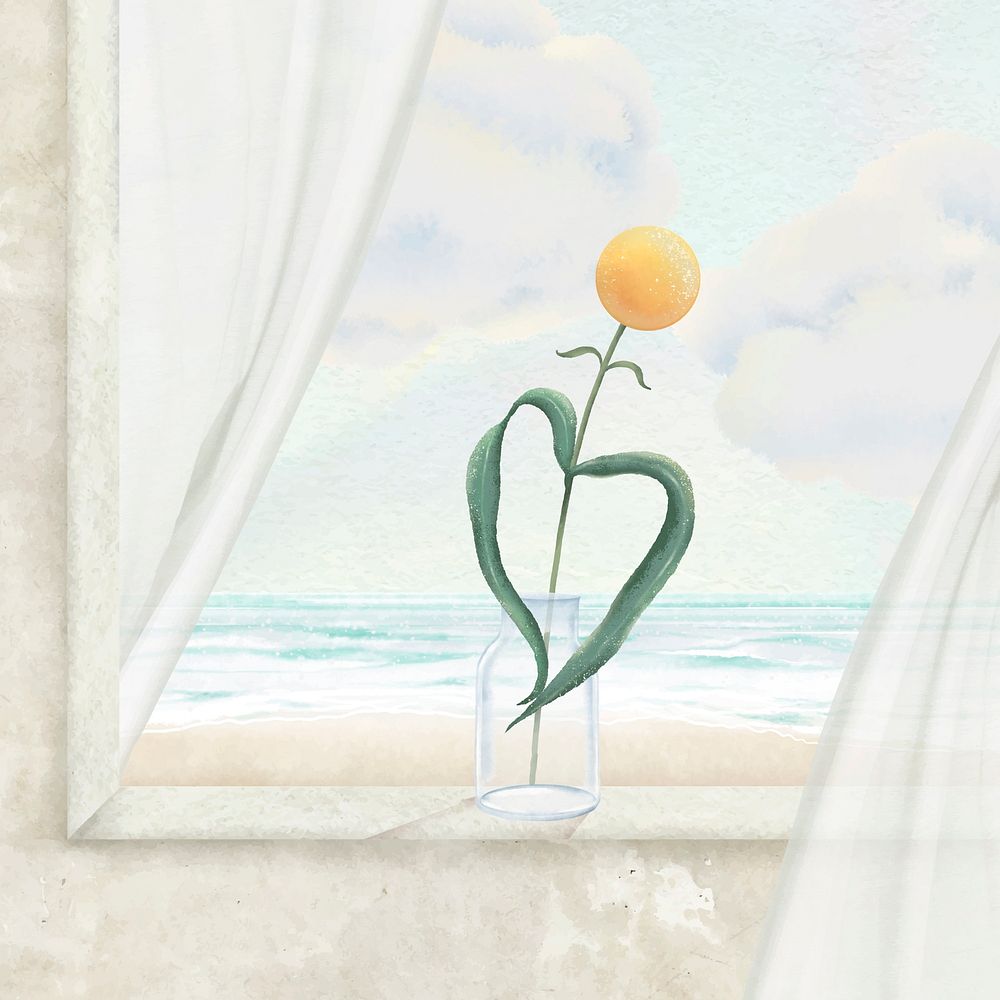 Flower heart leaf illustration, sea view window design vector