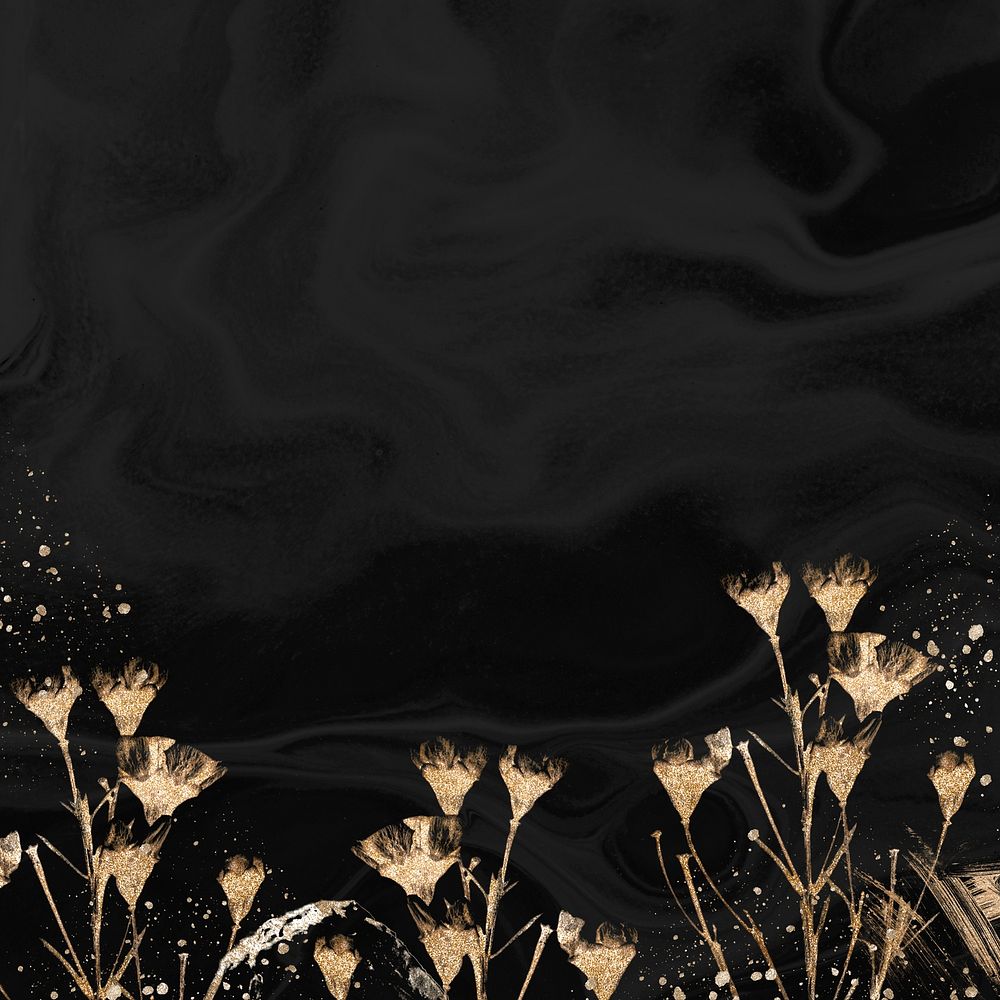 Black background, gold dried flower design