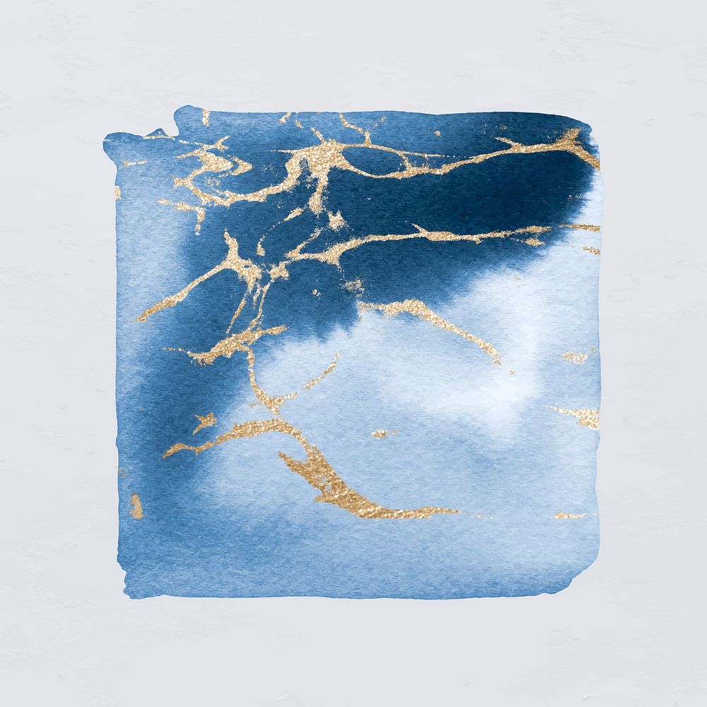 Blue paintbrush sticker, gold watercolor design vector
