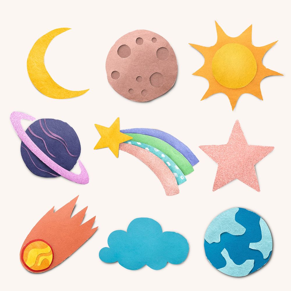 Cute space paper craft sticker set, colorful vector