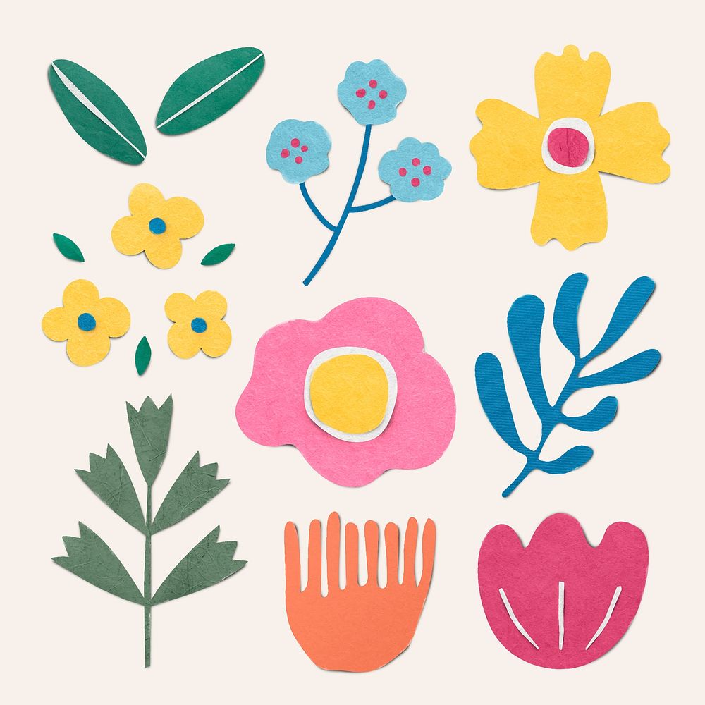 Paper craft floral collage element set vector