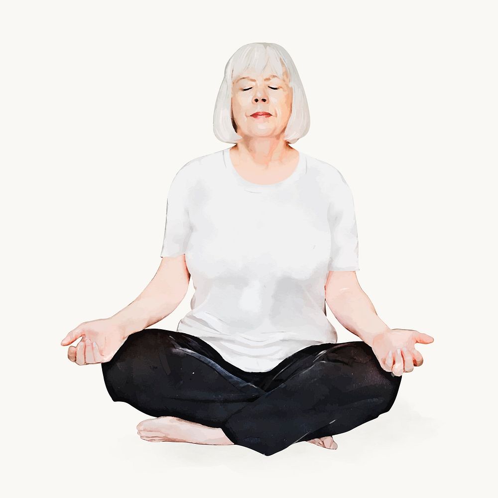 Old woman meditating, wellness, watercolor illustration vector