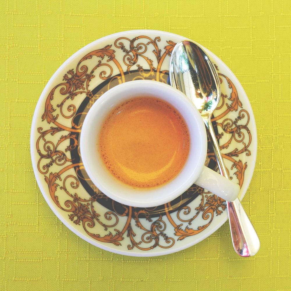 Free flat lay view of tea in a cup photo, public domain food CC0 image.