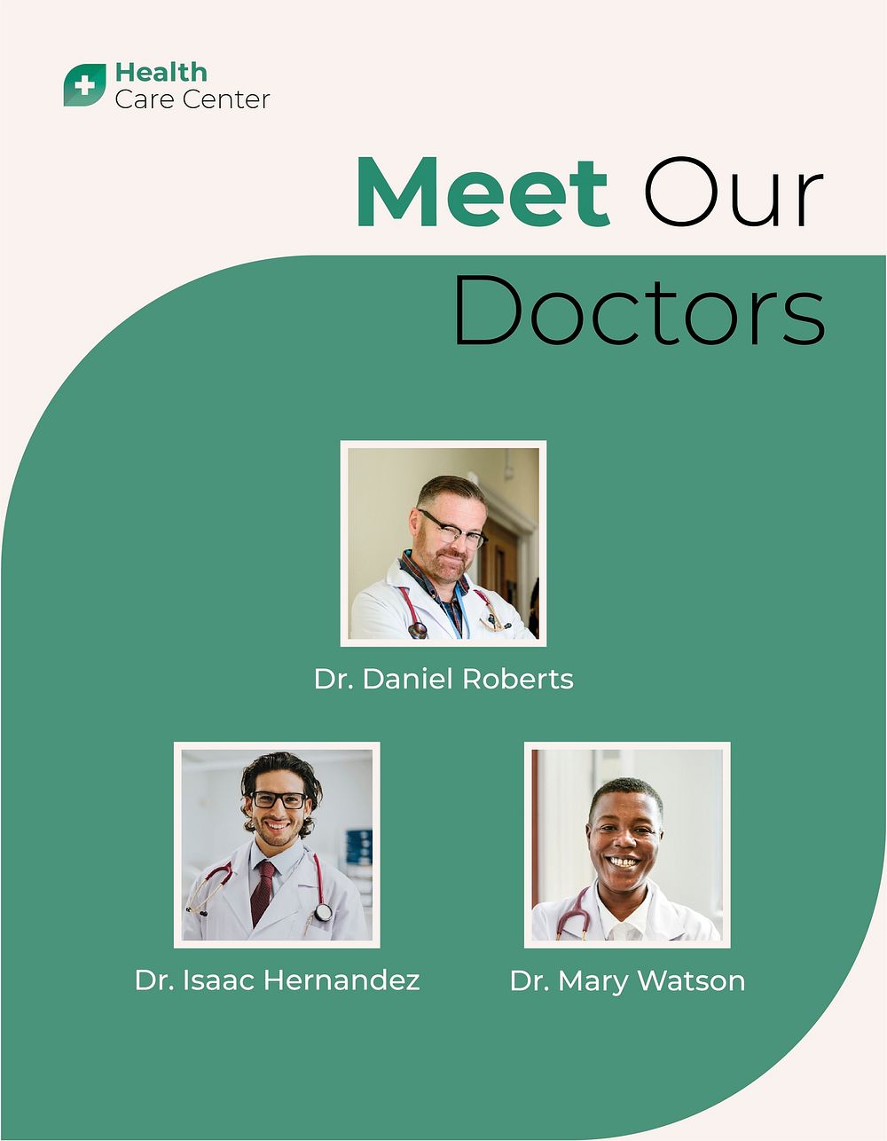 Meet our doctors flyer template, healthcare services vector