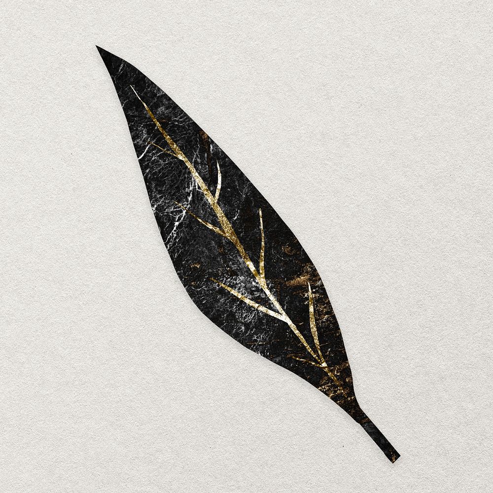 Marble textured leaf sticker, black nature graphic psd