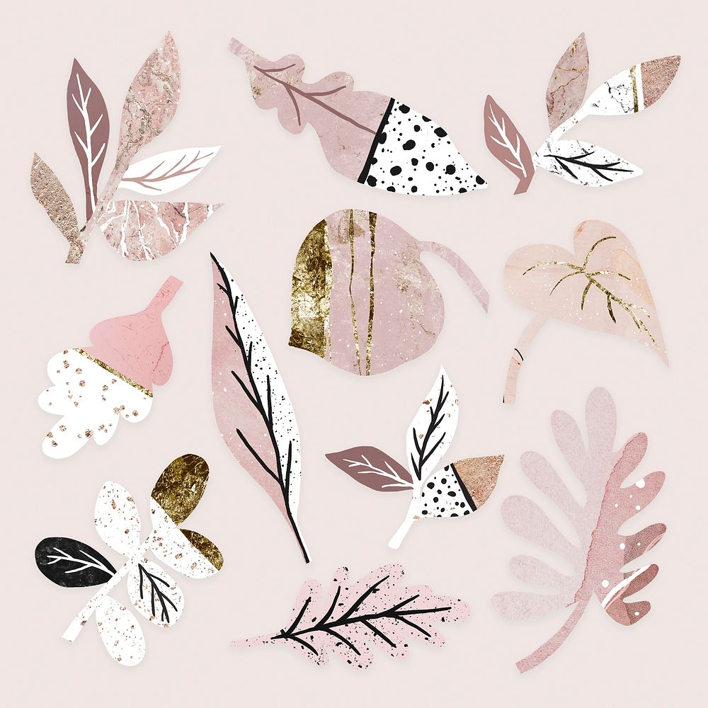 Aesthetic leaf nature sticker, pink abstract design vector set