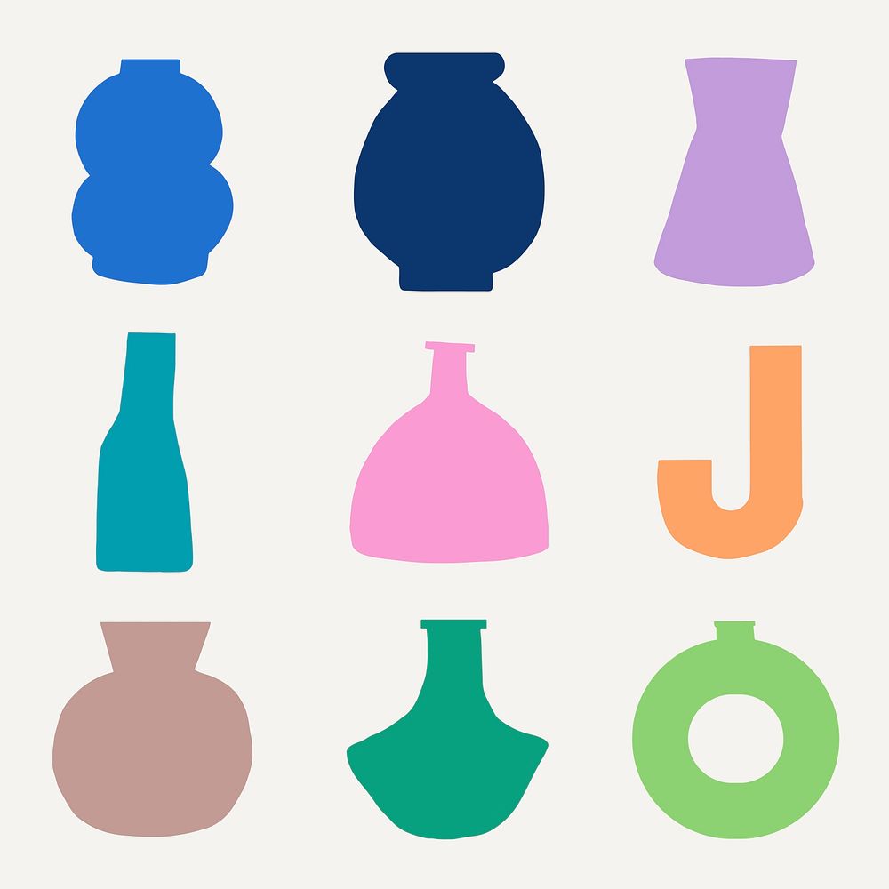 Colorful vase clipart, home decor object, pottery design vector set