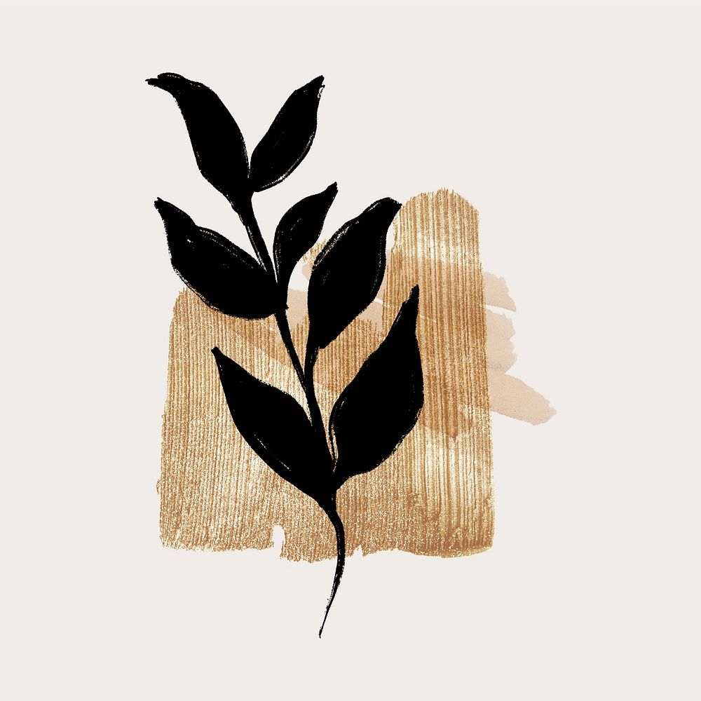 Black leaf design on gold watercolor brush illustration