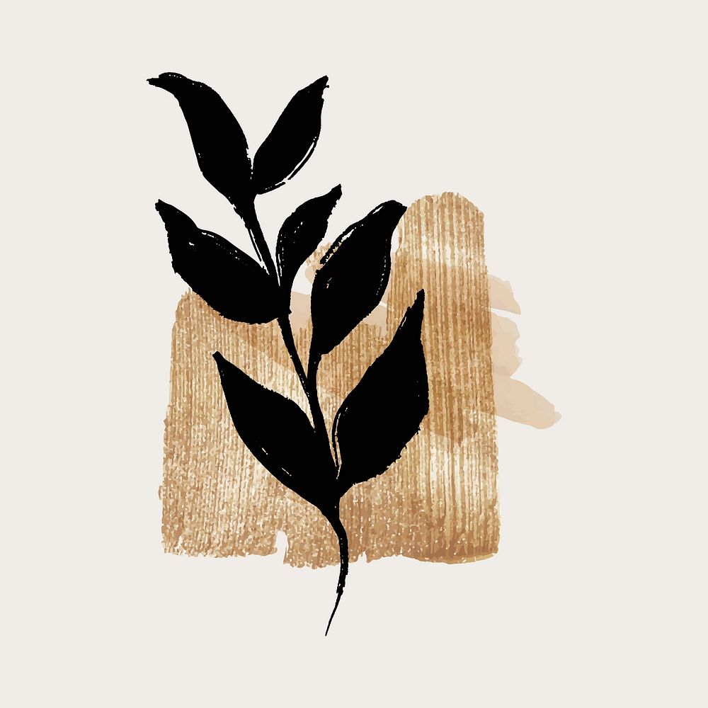 Black leaf sticker on gold watercolor brush illustration vector