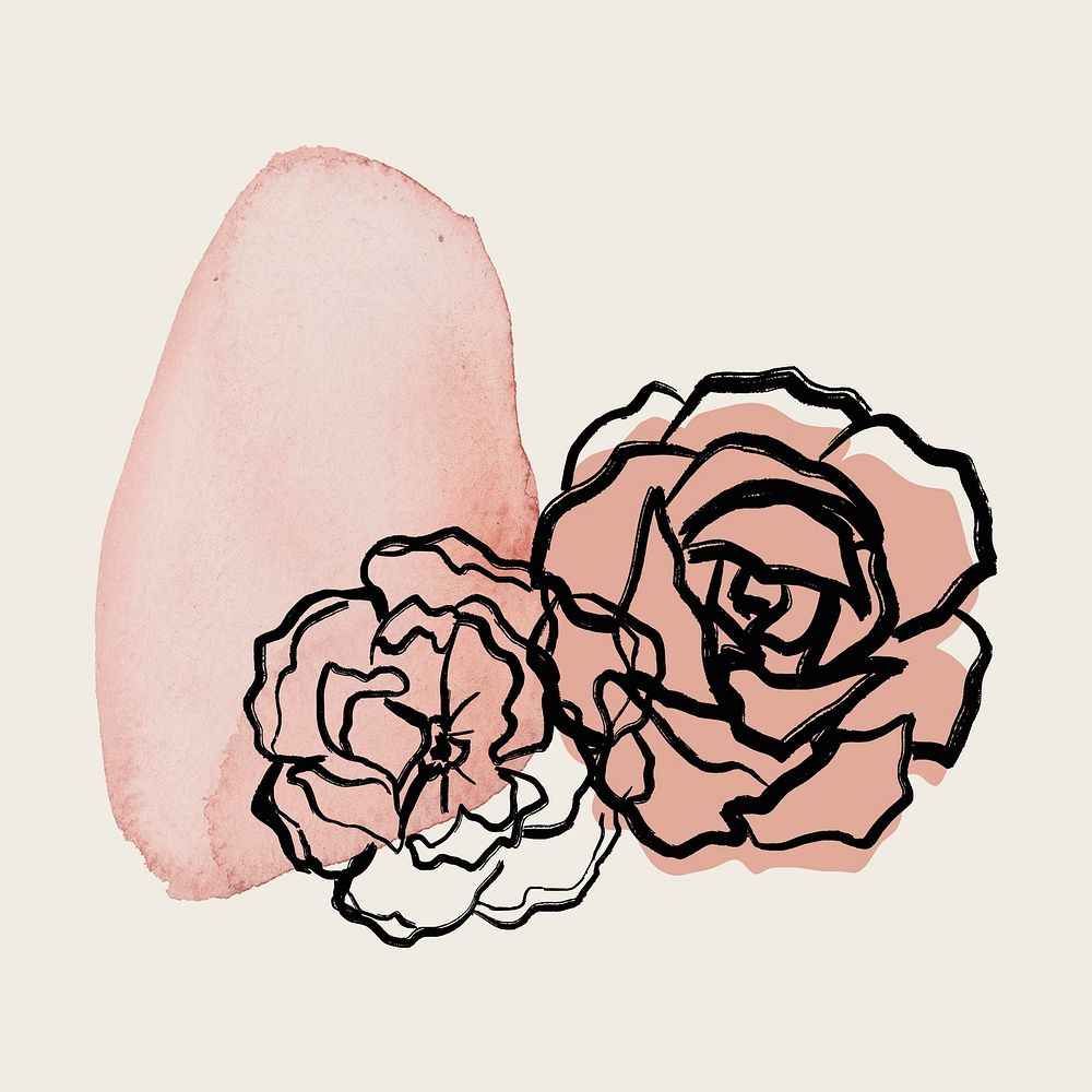 Valentine&rsquo;s card sticker, aesthetic pink roses collage element, minimal line drawing style psd
