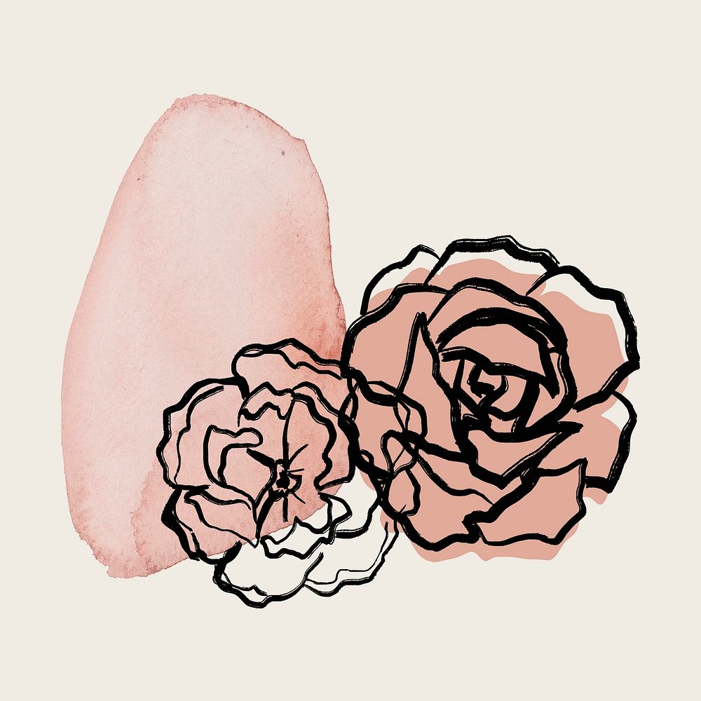 Valentine’s card sticker, aesthetic pink roses collage element, minimal line drawing style psd