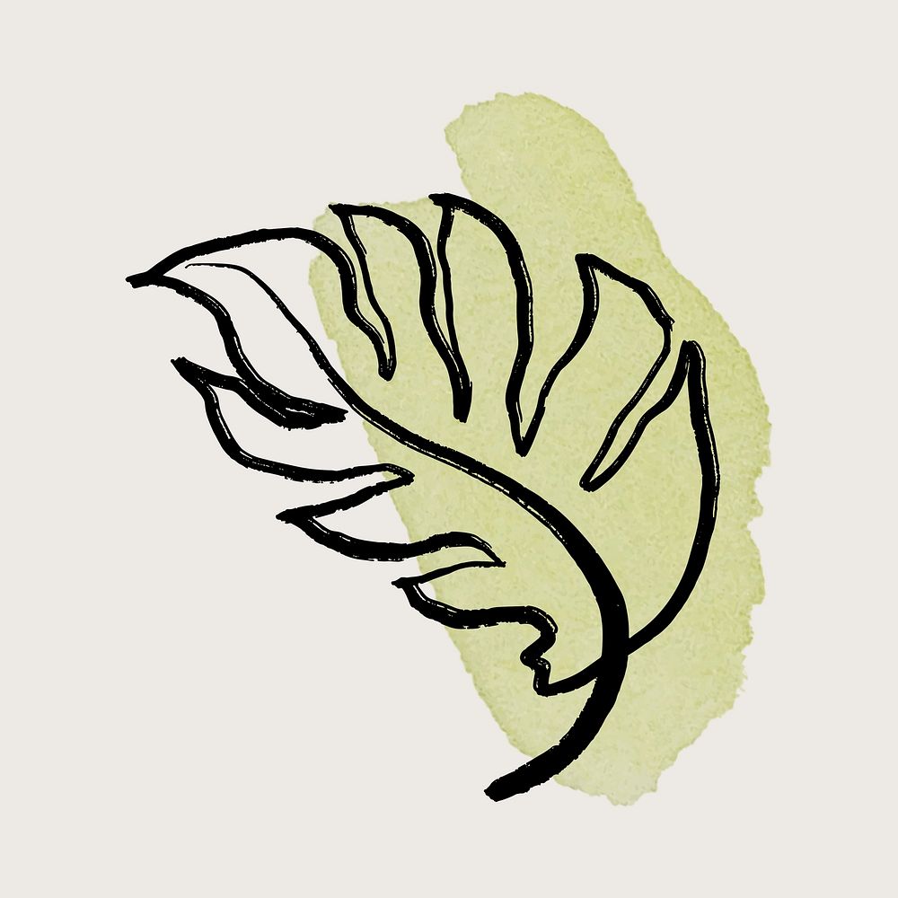 Leaf collage element, botanical black line art on green brushstroke vector