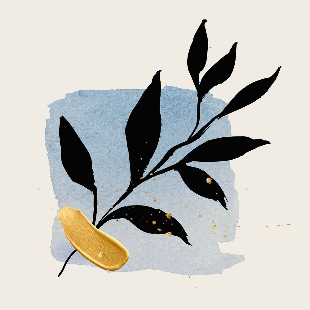 Botanical collage sticker, simple black leaf illustration on blue brushstroke psd